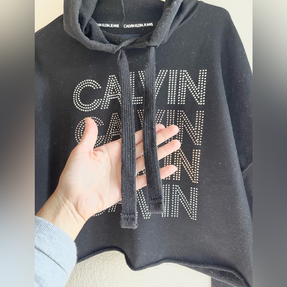Calvin Klein Jeans Womens Black Crop Rhinestone Hoodie Size M - Picture 9 of 13
